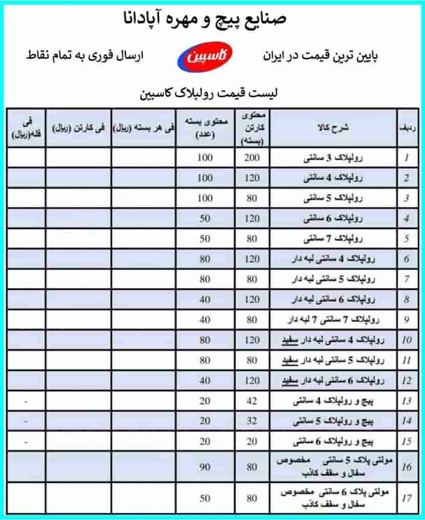 لیست قیمت رولپلاک کاسپین، لیست رولپلاک های کاسپین، انواع سایز رولپلاگ کاسپین، خرید رول پلاک کاسپین، فروش رول کاسپین